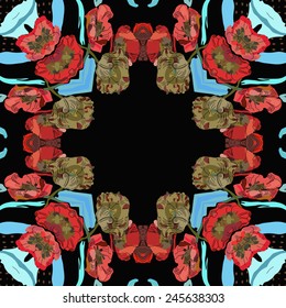 Circular seamless  pattern of colored floral motif, flowers, tulips on a black  background. Hand drawn.