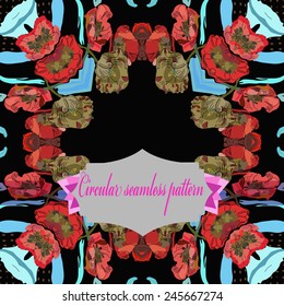 Circular   seamless  pattern of colored floral motif, flowers, tulips, label on a  black  background. Hand drawn.