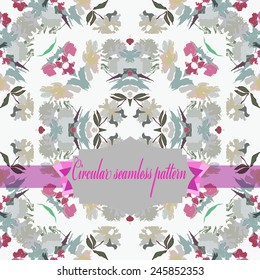 Circular seamless   pattern of colored floral motif, flowers, peonies, label on a white  background. Hand drawn.