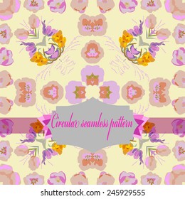 Circular seamless  pattern of colored floral motif, flowers, crocuses, tulips, label on a light background. Hand drawn. 