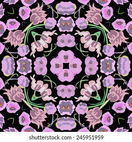 Circular seamless  pattern of colored floral motif, flowers, tulips  on a  black  background. Hand drawn.