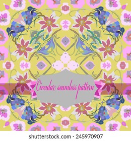 Circular seamless  pattern of colored floral motif, flowers, tulips, crocuses, label on a  light  background. Hand drawn.