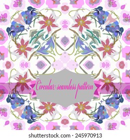 Circular seamless  pattern of colored floral motif, flowers, tulips, crocuses, label on a white background. Hand drawn.