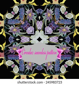 Circular seamless  pattern of colored floral motif,flowers,tulips, crocuses, label on a  black background. Hand drawn.