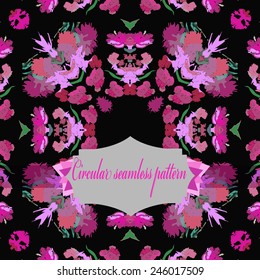 Circular seamless  pattern of colored floral motif,flowers, peonies on a  black background. Hand drawn.