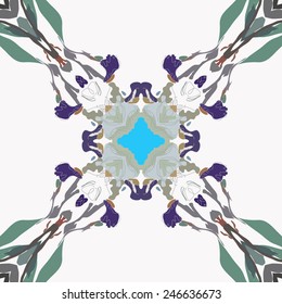 Circular seamless  pattern of colored floral motif, flowers,irises  on a white   background. Hand drawn.