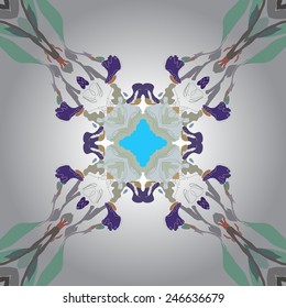 Circular seamless  pattern of colored floral motif, flowers,irises  on a  gradient gray  background. Hand drawn.