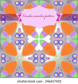 Circular seamless pattern of colored floral motif, label on a  gradient gray background. Hand drawn.
