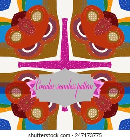 Circular seamless  pattern of colored floral motif, flowers, label on a white  background. Hand drawn.