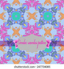 Circular seamless pattern of colored floral motif, label on a light blue background. Hand drawn.