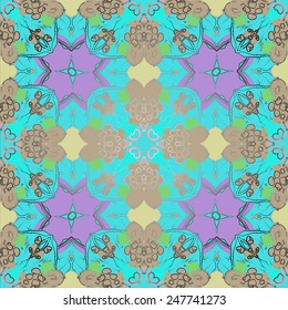 Circular seamless pattern of colored floral motif on a gradient gray  background. Hand drawn.