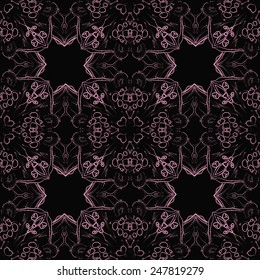 Circular seamless pattern of colored floral motif  on a black  background. Hand drawn.