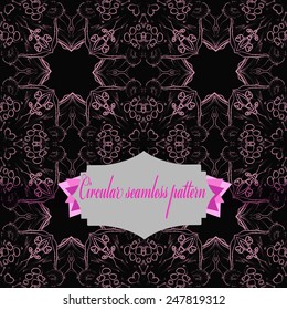 Circular seamless pattern of colored floral motif, label on a black background. Hand drawn.