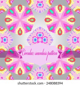Circular seamless pattern of colored floral motif, label on a  gradient gray background. Hand drawn.