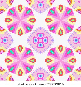 Circular seamless pattern of colored floral motif  on a  white background. Hand drawn.