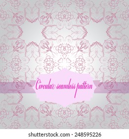 Circular seamless pattern of colored floral motif, label on a gradient gray  background. Hand drawn.