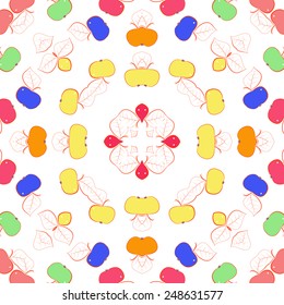 Circular seamless pattern of colored  floral motif, leaves, apples  on a white  background. Hand drawn.