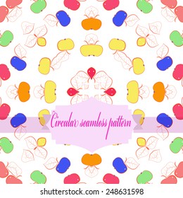 Circular seamless pattern of colored  floral motif, leaves, apples, label on a  white background. Hand drawn.