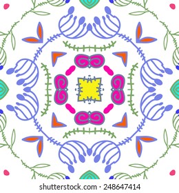 Circular seamless pattern of colored  floral motif, leaves, branch spots  on a white background. Hand drawn.