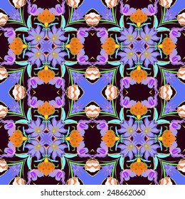 Circular seamless pattern of colored  floral motif, leaves, spots on a dark rosy  background. Hand drawn.