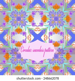 Circular seamless pattern of colored  floral motif, leaves, spots, label on a gradient gray  background. Hand drawn.