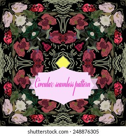 Circular seamless pattern of colored  floral motif, leaves, spots, label on a  black background. Hand drawn.