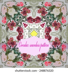 Circular seamless pattern of colored  floral motif, leaves, spots, label on a gradient gray background. Hand drawn.