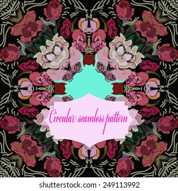 Circular seamless pattern of colored  floral motif, leaves, spots, label on a black  background. Hand drawn.