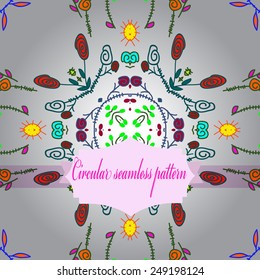 Circular seamless pattern of colored  floral motif, leaves, spirals, branches, label on a gradient gray  background. Hand drawn.