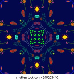 Circular seamless pattern of colored  floral motif, leaves, spirals, branches  on a dark blue background. Hand drawn.