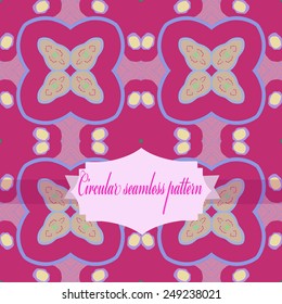 Circular seamless pattern of colored  floral motif, spots, label on a pink background. Hand drawn.