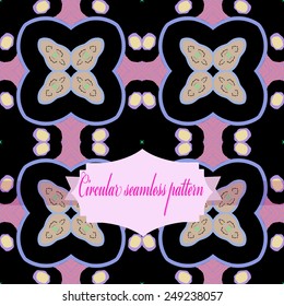 Circular seamless pattern of colored  floral motif, spots, label on a black  background. Hand drawn.