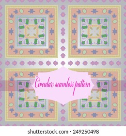 Circular seamless pattern of colored  floral motif, spots, teapots , label on a gradient gray    background. Hand drawn.