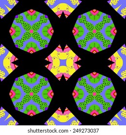 Circular seamless pattern of colored  floral motif,  spirals, branches on a  black  background. Hand drawn.