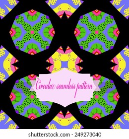 Circular seamless pattern of colored  floral motif,  spirals, branches,label on a black  background. Hand drawn.