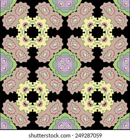 Circular seamless pattern of colored  floral motif, spots  on a black  background. Hand drawn.