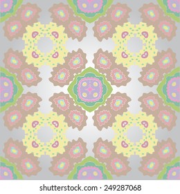 Circular seamless pattern of colored  floral motif, spots  on a gradient gray  background. Hand drawn.