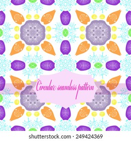 Circular seamless pattern of colored  floral motif, spots, label on a white  background. 