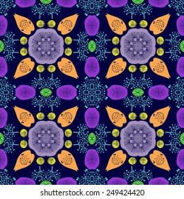 Circular seamless pattern of colored  floral motif, spots on a dark blue  background. 