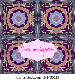 Circular seamless pattern of colored  floral motif, spots, label on a dark pink  background. Hand drawn.