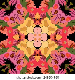 Circular seamless pattern of colored floral  motif, spots  on a black  background. Hand drawn.