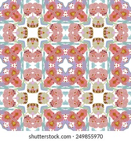 Circular seamless pattern of colored floral  motif, spots on a white background. Hand drawn.