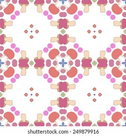 Circular seamless pattern of colored floral  motif, spots, mushrooms  on a white   background. Hand drawn.