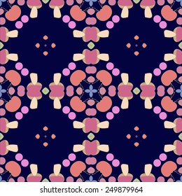 Circular seamless pattern of colored floral  motif, spots, mushrooms  on a dark blue  background. Hand drawn.