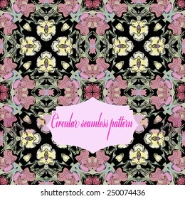 Circular seamless pattern of colored floral  motif, spots, label on a black background. Hand drawn.