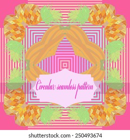 Circular seamless pattern of colored floral motif, banana, pineapple, leaves, label on a   pink background. Hand drawn.
