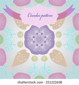Circular seamless pattern of colored floral motif, label on a gradient gray  background. Hand drawn.