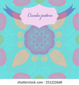 Circular seamless pattern of colored floral motif, label on an azure background. Hand drawn.