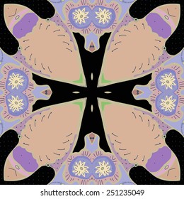Circular seamless pattern of colored floral motif on a  black    background. Hand drawn.