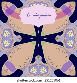 Circular seamless pattern of colored floral motif, label on a dark blue   background. Hand drawn.